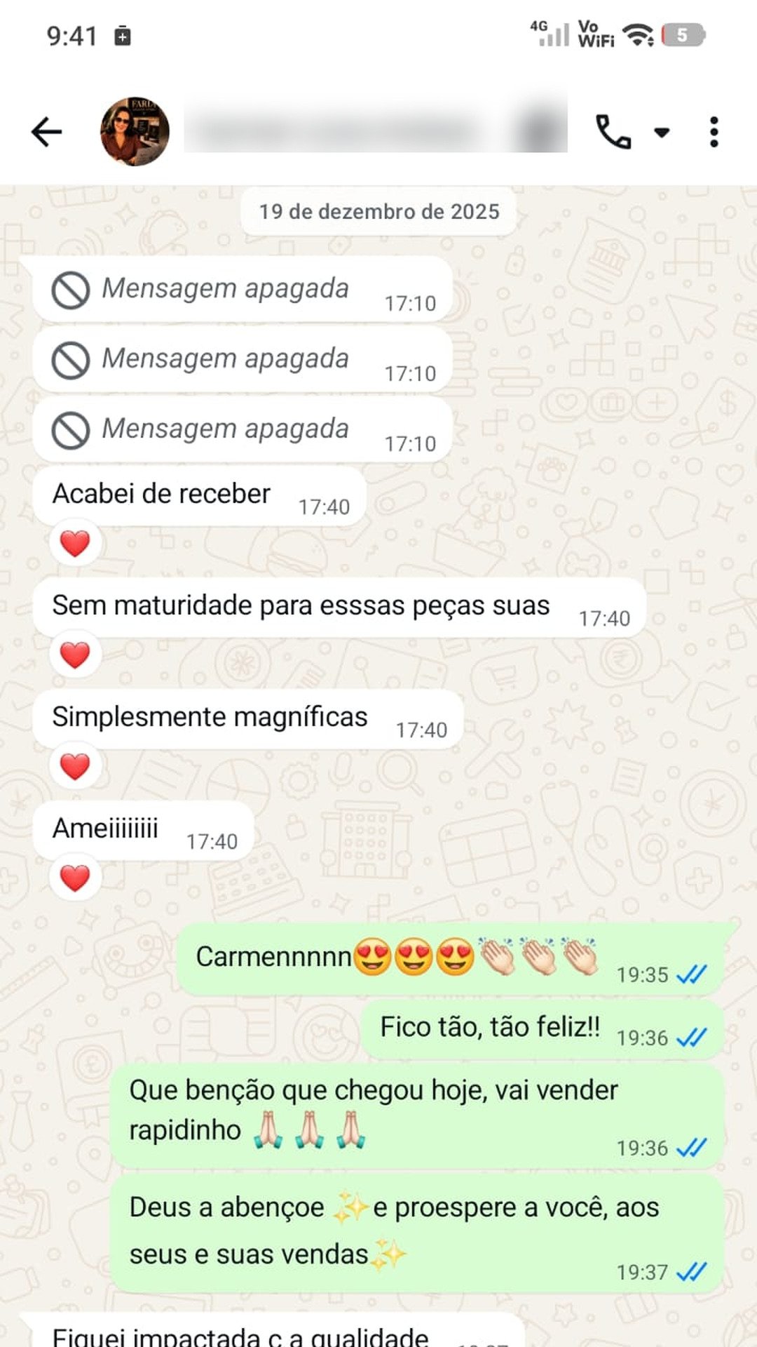 Print de conversa de WhatsApp com uma lojista sobre as peças Tricotez
