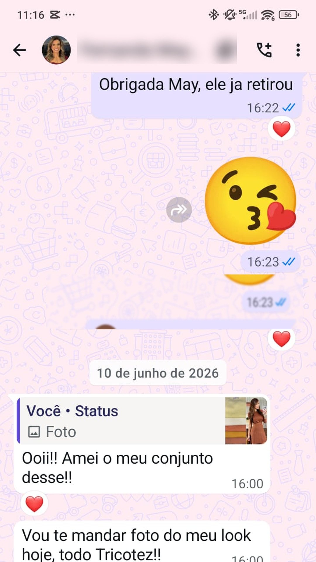 Print de conversa de WhatsApp com uma lojista sobre as peças Tricotez