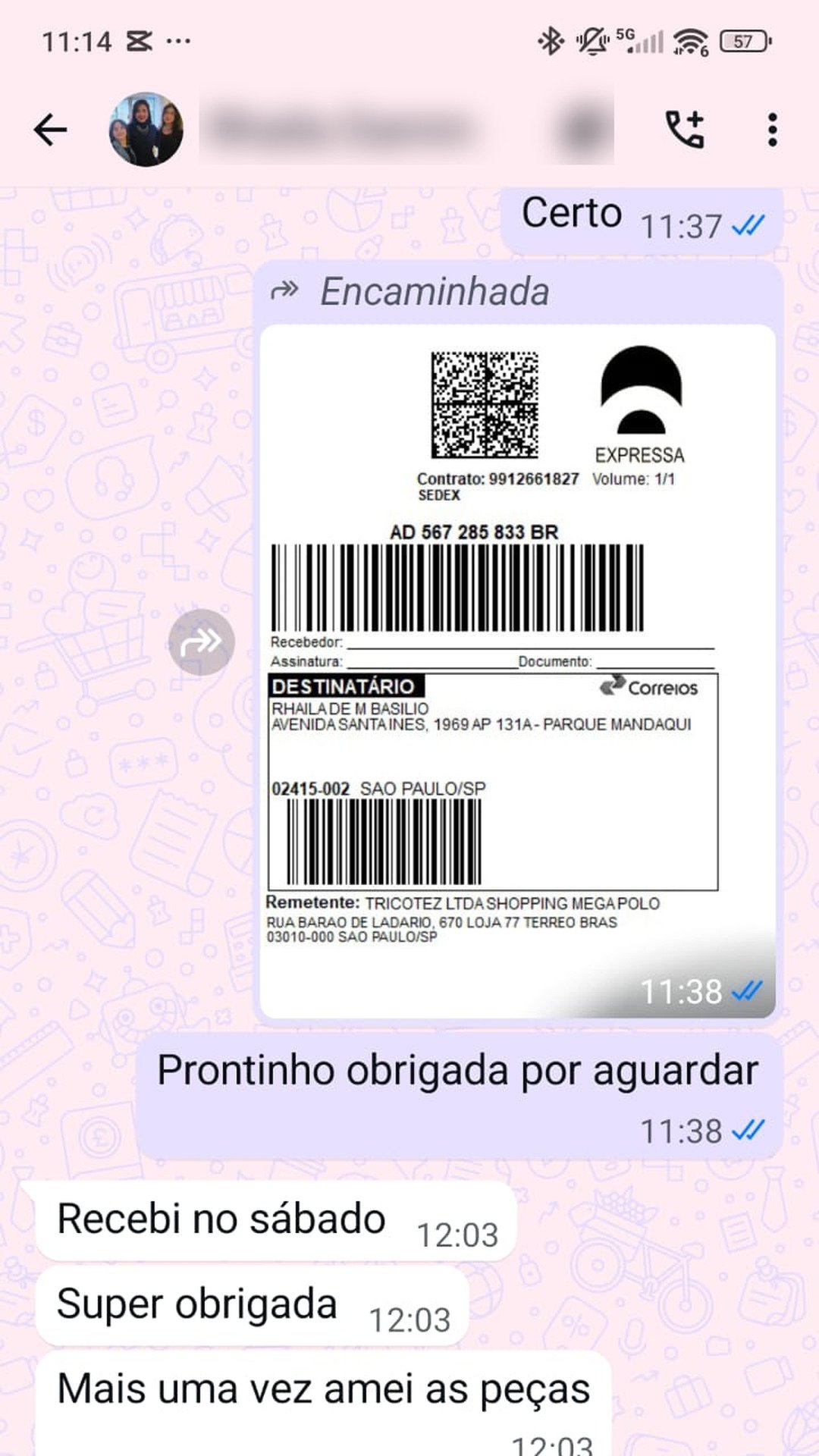 Print de conversa de WhatsApp com uma lojista sobre as peças Tricotez