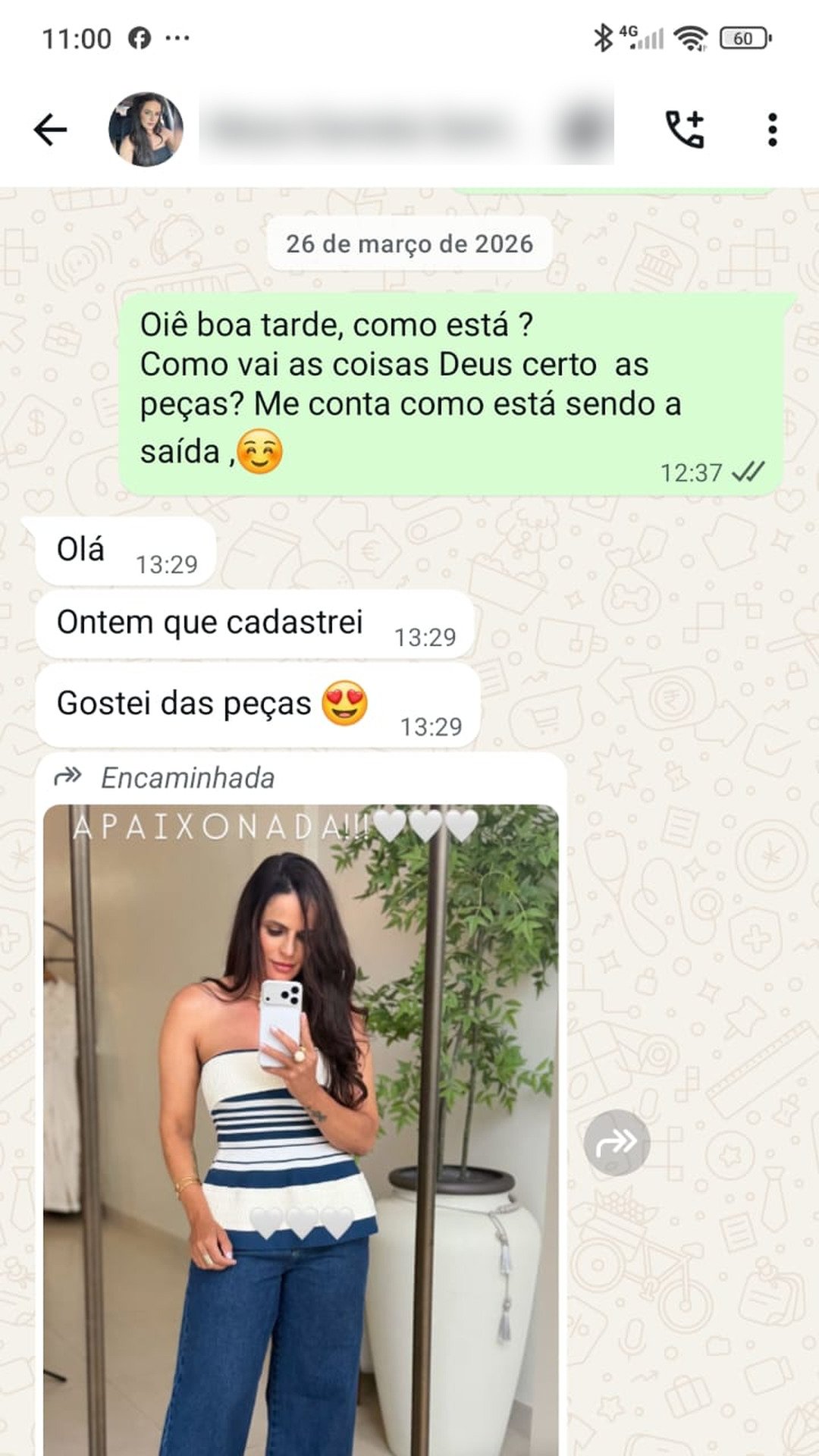 Print de conversa de WhatsApp com uma lojista sobre as peças Tricotez
