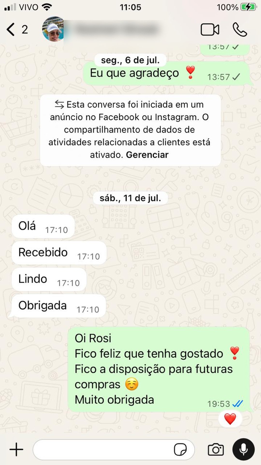 Print de conversa de WhatsApp com uma lojista sobre as peças Tricotez