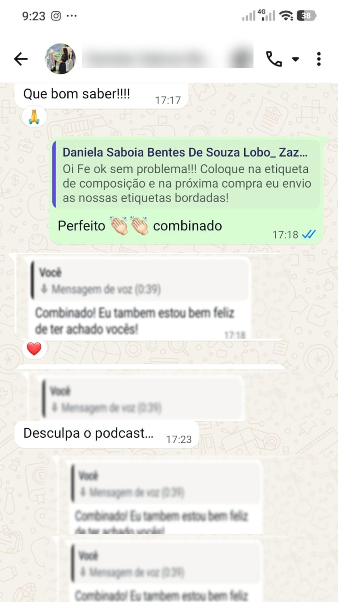 Print de conversa de WhatsApp com uma lojista sobre as peças Tricotez