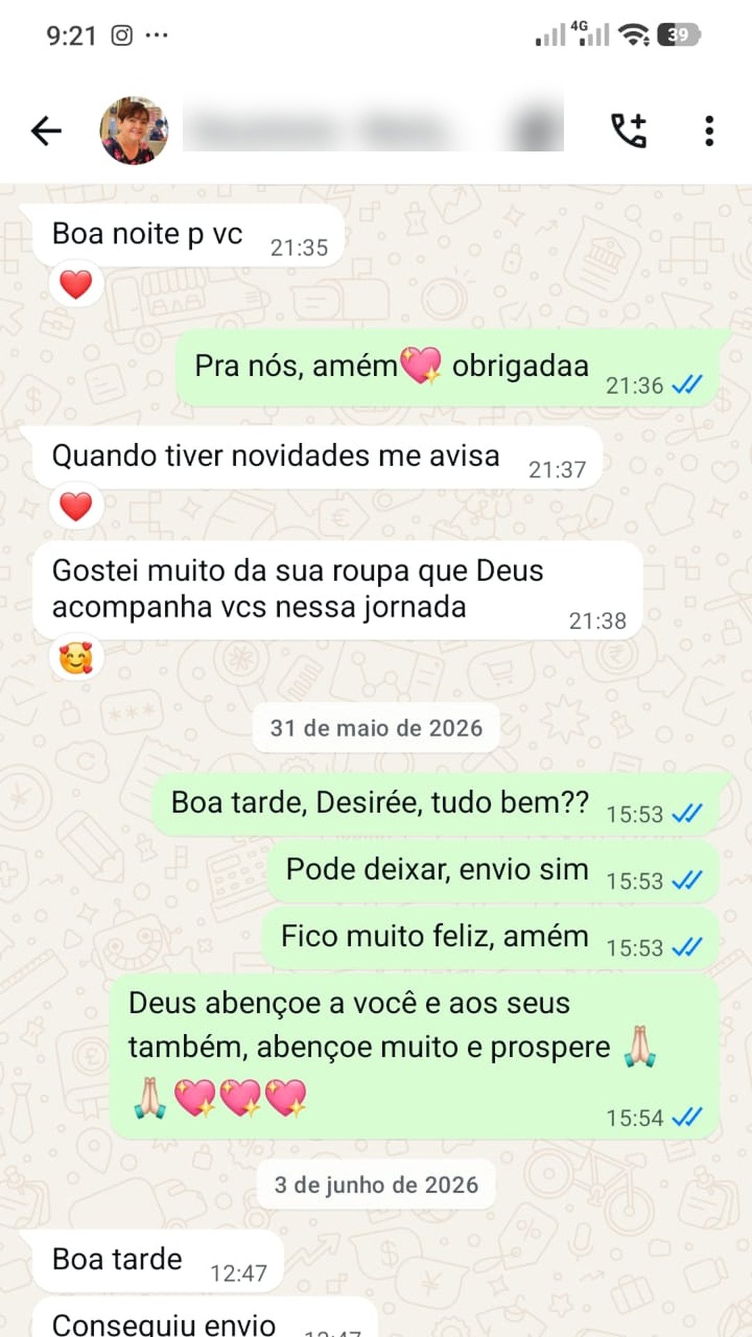 Print de conversa de WhatsApp com uma lojista sobre as peças Tricotez