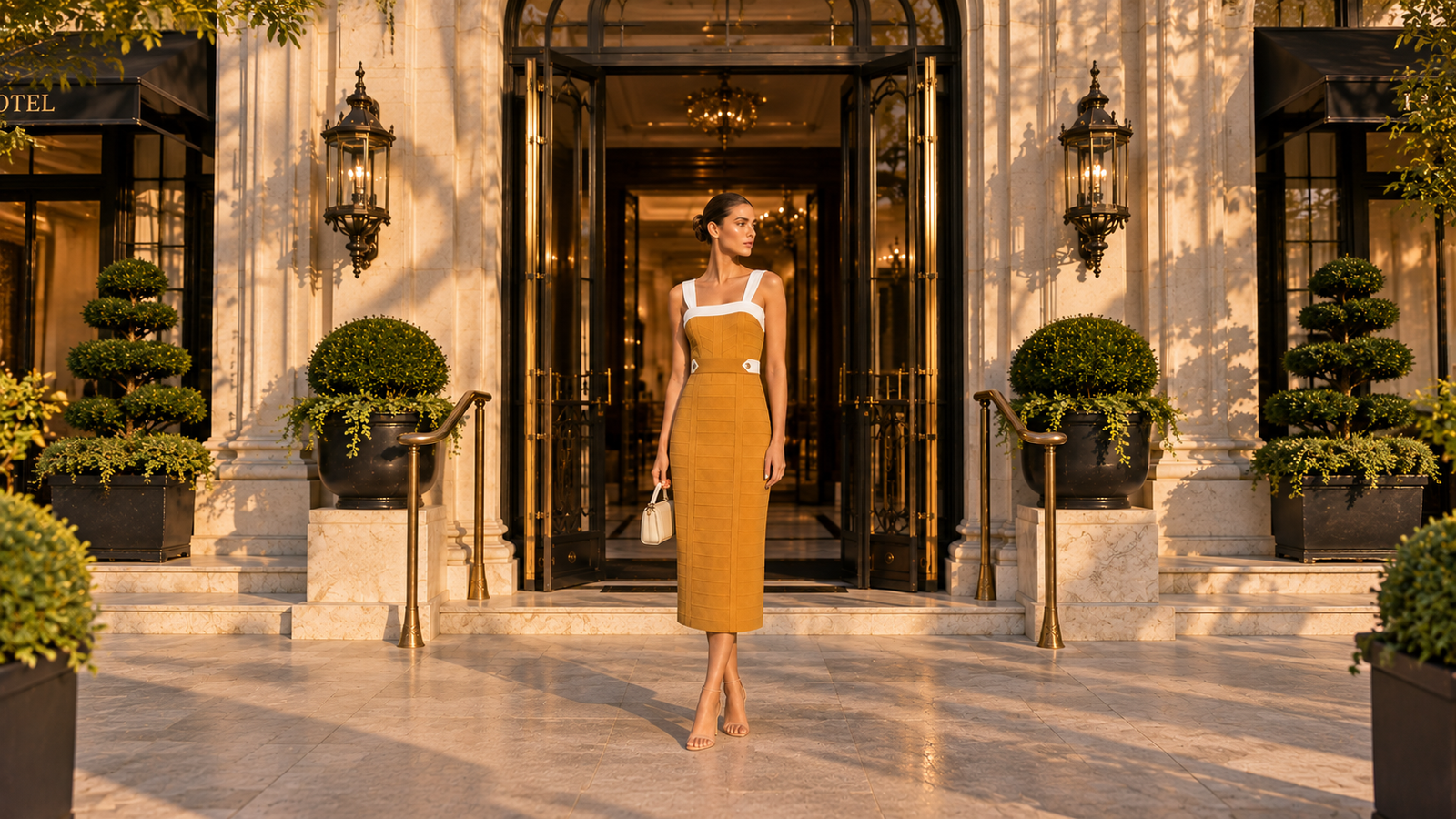 Vestido midi tricô canelado mostarda, com alças brancas