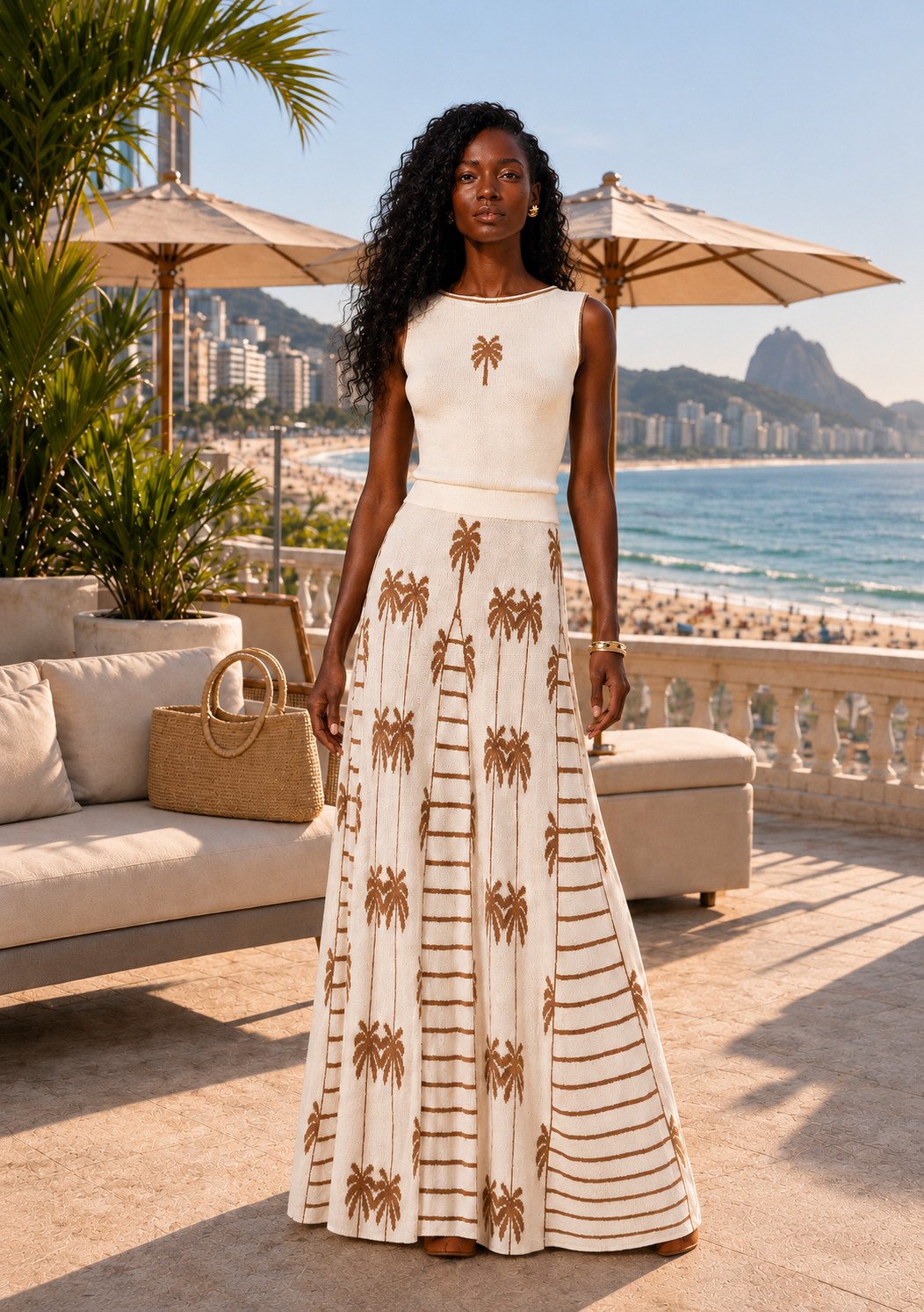 Conjunto blusa e saia off-white com bordado de palmeiras, orla de praia ao fundo