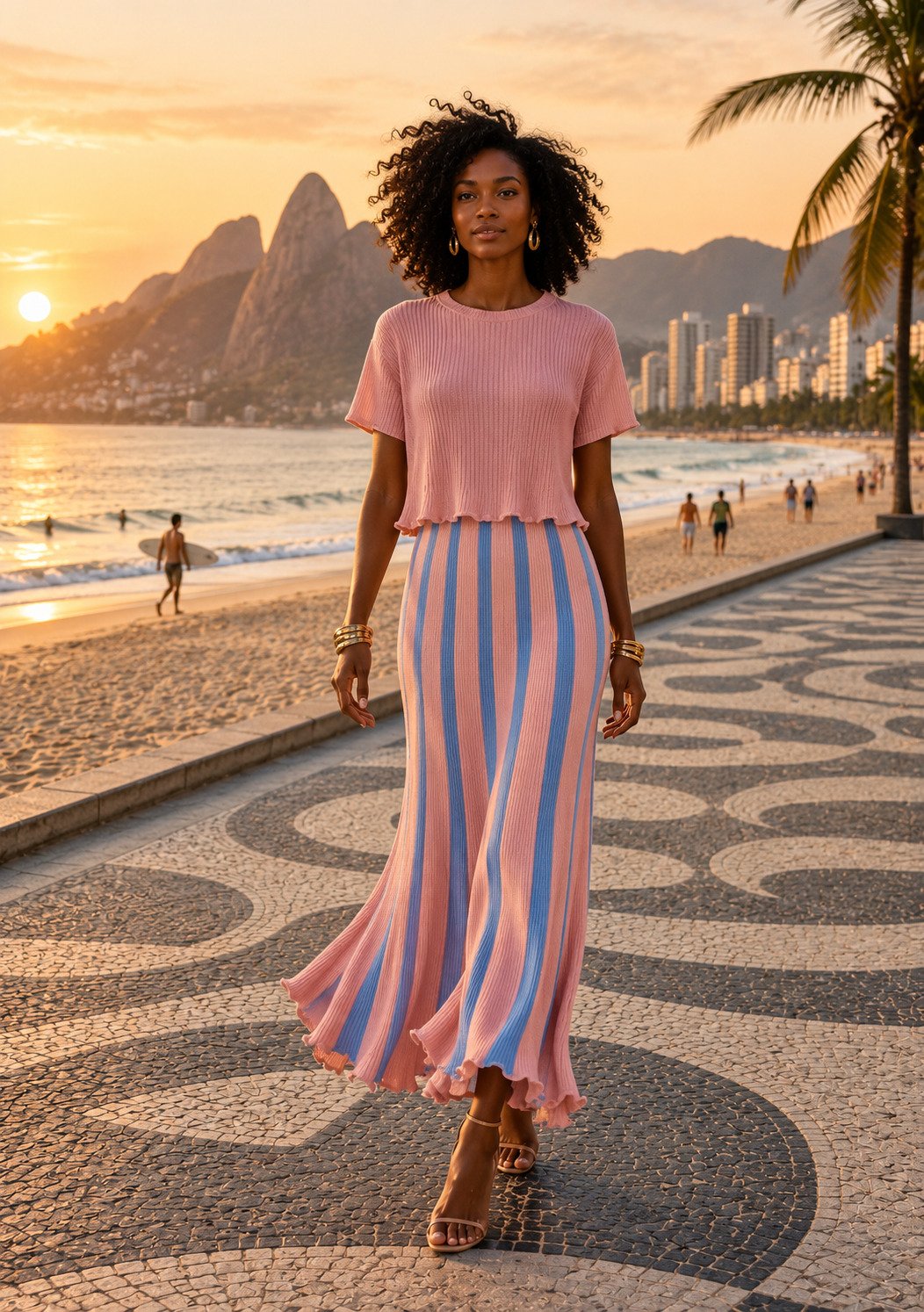 Conjunto blusa rosa e saia listrada rosa e azul, orla de Ipanema ao pôr do sol