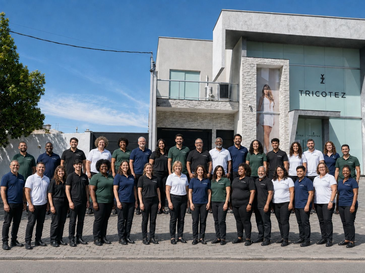 Equipe Tricotez em frente à fábrica, em Monte Sião